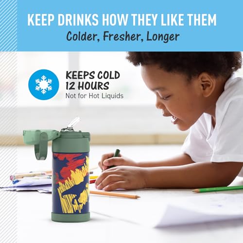 THERMOS FUNTAINER Water Bottle with Straw, 12oz, Dinosaurs | Kids Stainless Steel Insulated Water Bottle, Keeps Drinks Cold Longer for School & Play, BPA-Free - color: Dinosaurs, size: 12 Ounces