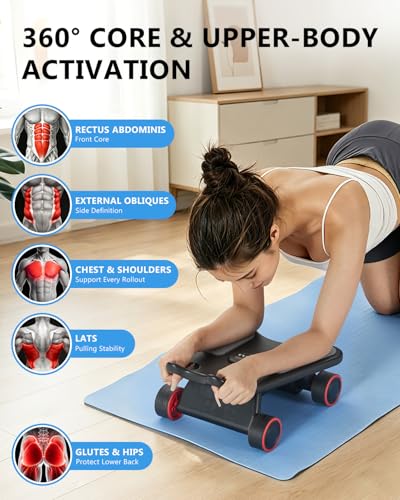 Ab Roller Wheel, Ab Roller, Upgraded Automatic Rebound Ab Roller with Elbow Support, Knee Mat & Timer, 4 Wheels Ab Workout Equipment for Core Strength Training, Silent Ab Wheel for Beginners Men Women Home Gym Fitness - color: Black and Red