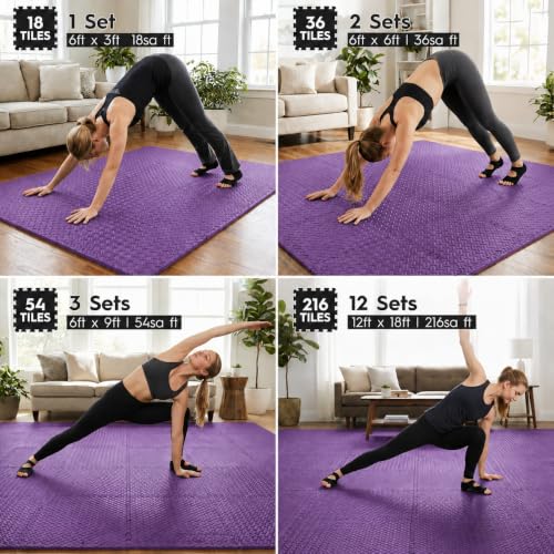 18pcs Puzzle Exercise Mat, 12.6"x12.6"x0.4", 18sqft EVA Interlocking Foam Floor Tiles, Protective, Water-Resistant Flooring for Home Gym & Workout Equipment - color: Purple