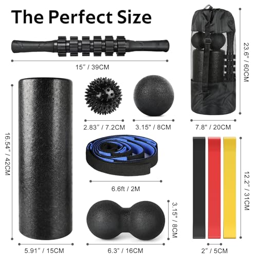 7 in1 Foam Roller Set for Deep Tissue Muscle Massager - High Density Back Roller, Muscle Roller Stick, Resistance Bands, Foot Massage Ball, Stretching Strap for Exercise, Whole Body Physical Therapy - color: Black