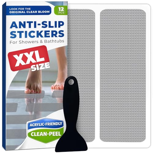 Clear Bloom XXL Anti Slip Shower Stickers 12 PCS, Gray Non-Slip Shower Strips for Adults, Premium Adhesive Bath Tub Stickers - color: Gray