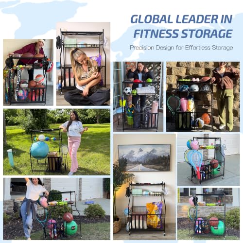 PLKOW Sports Equipment Storage for Garage, Indoor/Outdoor Sports Rack for Garage, Ball Storage Garage Organizer with Basket and Hooks,Toy/Sports Gear Storage - color: Black, 36" L x 16.4" W x 44.3" H