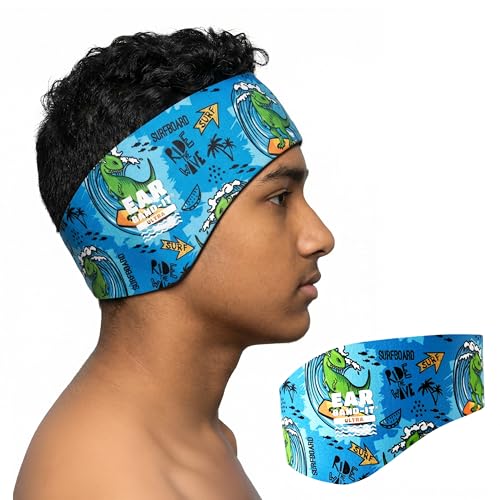 Earvolution Ear Band-It Ultra Swimming Headband for Kids and Adults - Invented by Ear, Nose, and Throat Physician - Custom Anti-Slip Grip Neoprene Maximizes Protection, 13 Color Options, 3 Sizes - color: Surf Dino