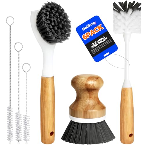 Holikme 6 Pack Dish Brush Scouring Pad Set with Bottle Brush, Dish Brush, Palm Scrub Brush and Straw Brush, Dish Scrubber Long Handle for Dish Bottle Cup Skillet Wok Pot Pan Cast Iron, Dark Gray - color: Dark Gray