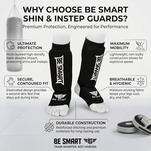 Be Smart Kids, Adults, Youth, Men and Women Muay Thai MMA Kickboxing Shin Guards, Instep Guard Training, Sparring Protective Gear Equipment Shin Kick Pads - color: Black, size: XXXS ( 3 to 8 Years )
