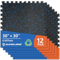 SUPERJARE 30" x 30" Larger Rubber Top Exercise Equipment Mats, 0.56" Thick 12PCS 75 Sq Ft High-Density EVA Foam Interlocking Gym Flooring, Big Workout Mat for Home Gym, Floor Protection, Black/Blue - size: 12 Tiles (75 Sq Ft)