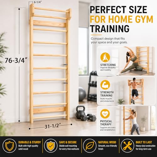 Swedish Ladder Wall Mounted Pull Up Bar - Hardwood Stall Bars - Swedish Wall Ladder & Wooden Pull Up Bar, Swedish Ladder Wall Gym Adult - Natural