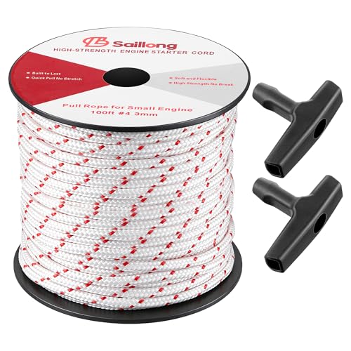 Saillong 3mm 100ft Starter Rope, Pull Cord Rope for Small Engine with 2 Starter Handle, Wear Resistant, Low Stretch, Replacement for Lawn Mower Chainsaw Trimmer Edger Brush Cutter (White & Red) - color: White & Red, size: 3mm