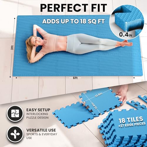 bemaxx Gym Mats Set - 18 pcs EVA Interlocking Foam Floor Tiles (12.6"x12.6"x0.4") 18sqft Protective Gym Flooring Sports Home Workout Exercise Mats Puzzle Garage Fitness Play-Room Pool Treadmill Bike - color: Sky Blue, size: 18 Tiles | 18 sq ft