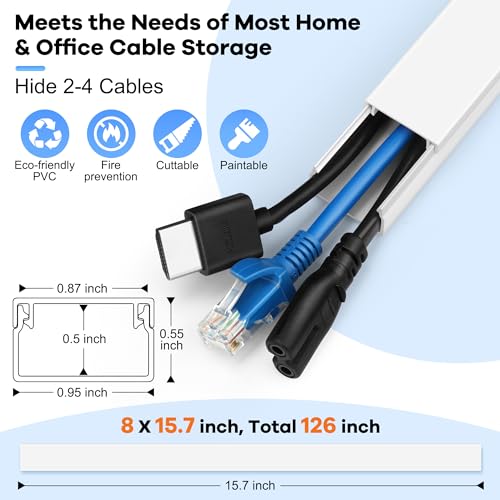 126in(8 x L15.7in) Cord Hider Kit, Wire Covers for TV on Wall, Paintable Cable Management Kit, Cable Cover for Mounted TV, Hide Wires Along Wall, Grey Cord Cover, W0.95in H0.55in - color: Grey, size: W0.95in X H0.55in X L126in