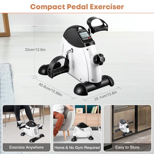 Mini Exercise Bike, AGM Under Desk Bike Pedal Exerciser Foot Cycle Arm & Leg Pedal Exerciser with LCD Screen Displays - color: White