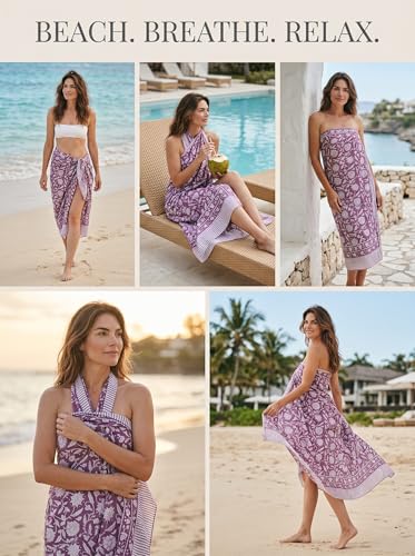 Beach Cover Ups for Women, Cotton Sarong Wrap Pareo | 100% Cotton Sarong Wraps For Women, 73 x 44 In. Pareo Beach Wrap, Bikini Cover Up, Bathing Suit Cover Up, Resort Wear - color: Vivacious Violet