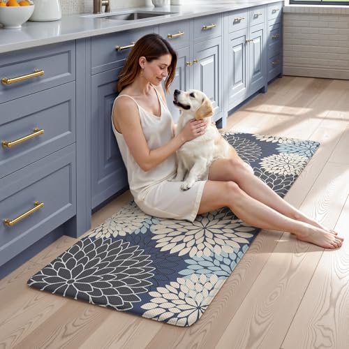 KIMODE Anti Fatigue Kitchen Mats for Floor, Boho Dahlia Floral Kitchen Rugs 24" x 59", Cushioned Mats for Kitchen Floor, Non Slip Kitchen Floor Mats, Sink, Laundry, Office,Blue Multi - color: Multi-blue, size: 59"L x 24"W x 0.5"Th