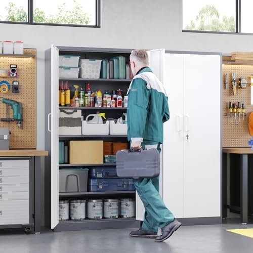 Letaya Metal Storage Cabinet with Lock Door and 5 Shelves,6 Tier Steel Garage Tool Cabinet for Home Office Utility Room 72" H X 36" W X18 D (White Gray) - color: Grey White, size: 72 X 36 X 18 In(H X W X D)
