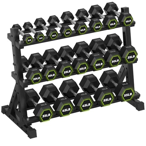 HANDBODE Dumbbell Set with 3-Tier Rack, 390-790 lb | Heavy Duty Weight Stand for Dumbbells, Space-Saving Metal Storage Organizer, Sturdy Dumbbell Holder for Home Gym - style: 496 lb Set (5-45 lb) *2 & Rack