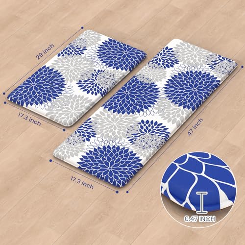 Anti Fatigue Kitchen Mats 2PCS,Boho Dahlia Kitchen Rugs Non Slip Rubber Backing, Farmhouse Waterproof Kitchen Mat for Floor,Cushioned Standing Mat for Kitchen,Laundry,Sink,Desk,Blue - color: Blue, size: 17.3" x 47 "+ 17.3" x 29 "--0.47 inches