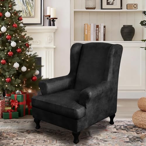 ANARACHON Leather Look Wingback Chair Covers, 2-Piece Wing Chair slipcover,Stretch Wing Back Armchair Slipcovers with Elastic Bottom, Soft Spandex Furniture Protector for Living Room (Black) - color: Black