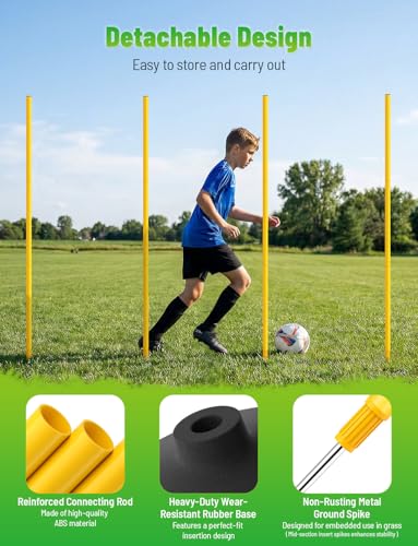 GHB Agility Poles 4 Pack 50" Sports Soccer Training Poles | Detachable Speed Training Equipment Football Accessories with Rubber Base - size: B.Rubber Base+Spike