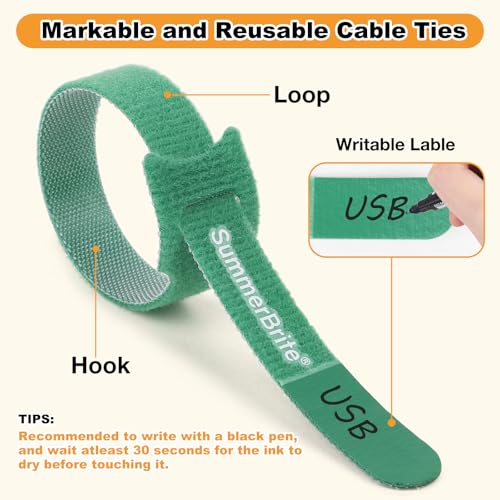 SummerBrite 70 Pack Multi-Color Cable Ties 8 Inch with Writable Labels, Reusable Cord Organizer Straps, Hook & Loop Wire Management for TV, Audio, Ethernet, Electronics & Heavy Duty Cords - color: Multicolored, size: 8IN