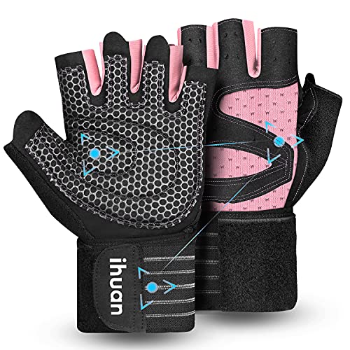ihuan Ventilated Weight Lifting Gym Workout Gloves with Wrist Wrap Support for Men & Women, Full Palm Protection, for Weightlifting, Training, Fitness, Hanging, Pull ups - color: Pink, size: Medium