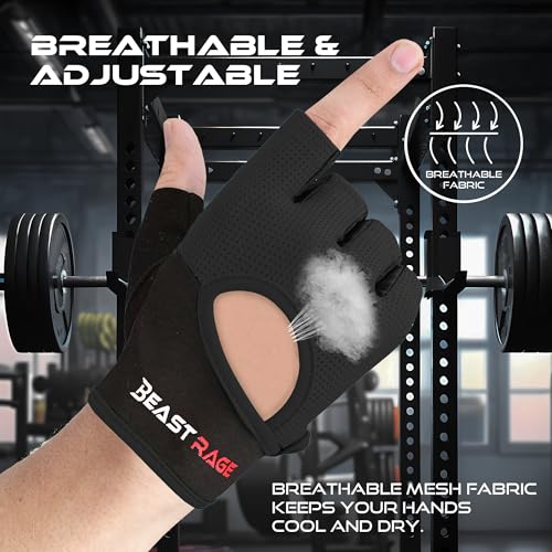 BEAST RAGE Workout Gloves for Men & Women - Fingerless Gym Gloves with Palm Protection, Breathable & Lightweight for Weightlifting, Cycling & Pull Up - color: Black, size: Small