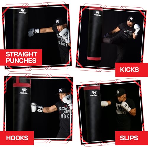 Heavy Punching Kicking Bag for Adults, Boxing, MMA, Martial Arts, Muay Thai, Strength Training Equipment, Filled, 5ft, 100 lbs, Colored Strap and Rhino Logo - color: Red / Black, size: Filled