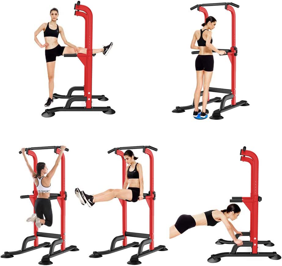 SogesHome Power Tower Pull Up Bar and Dip Station, Height Adjustable Dip Stand Exercise Machine for Home Gym, Multi-Functional Free Standing Strength Training Fitness Workout Station - color: Red