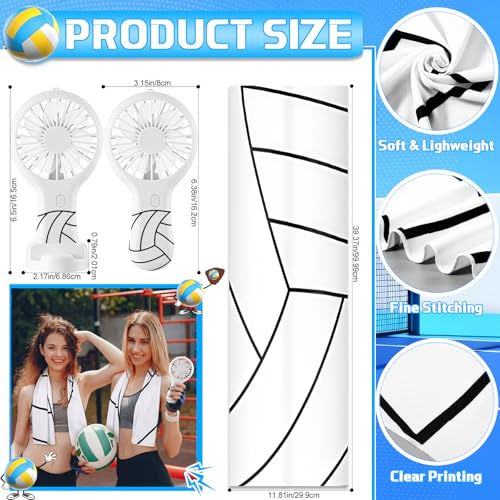Woanger 24 Pcs Volleyball Cooling Towels and Fans Sets Mini Handheld Fans Bulk 3 Speeds USB Lash Towel for Sporting Volleyball Gifts for Team Games Party Favor - style: Volleyball