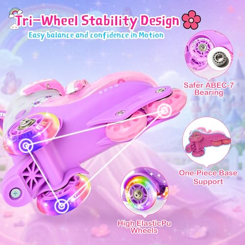HYKID Toddler Roller Skates, 4 Adjustable Sizes, Fun Illuminating, Safety Three-Point Type, Breathable Upper, Beginners' Roller Skates for Girls Boys Kids - color: Charming Viola, size: Little Kid (11C-1Y)