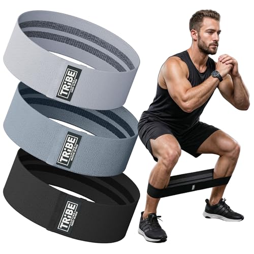 Tribe Lifting Resistance Bands for Working Out - 3 Pack Fabric Workout Bands for Women and Men - Booty Bands for Legs and Glute - Non Slip Exercise Bands Set for Squat Hip Thigh - color: Grey