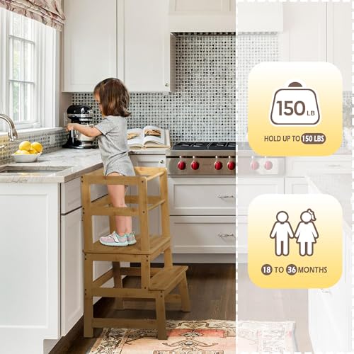 Elevon Kitchen Step Stool with Safety Rail, Multipurpose Standing Support Platform, Wooden Anti-Slip Step with Stable A-Frame Structure for Home Use, Natural - color: Bulywood