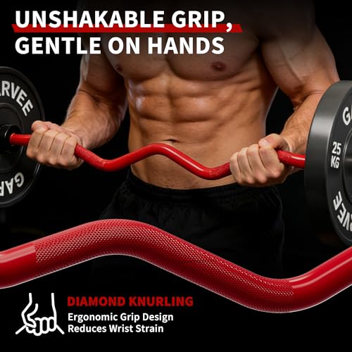 Olympic EZ Curl Bar 47" – 700LB Capacity 2-Inch Curling Bar for Bicep & Tricep Workouts, Hip Thrusts, Squats, Rows – Anti-Slip Diamond Knurling, Ergonomic Wrist-Friendly Curved Shaft for Home Gym - color: Red