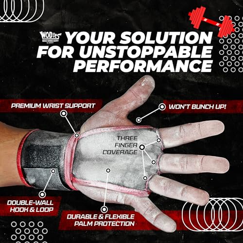 JerkFit WODies Gymnastics & Weightlifting Grips with Wrist Wraps – 3 Hole Versatile Gym Gloves for Pull Ups, Gym Training & Cross Training – Hand Grips Palm Protector for Men & Women - color: Red, size: Large 4”- 4.75”