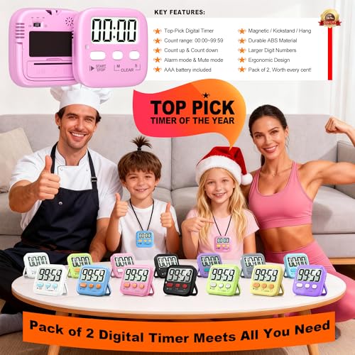 Antonki 2 Pack Digital Timer for Kids, Magnetic Countdown Kitchen Timers for Cooking, Egg, Classroom, Teacher, Exercise, Study, Oven - Battery Included - color: Relaxing Pink