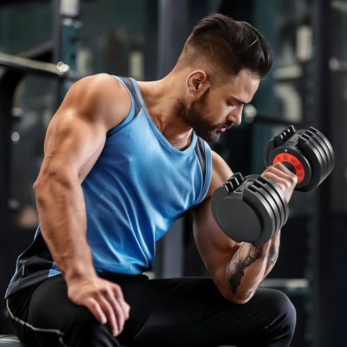 AOTOB Adjustable Dumbbell Set 25/55 Lbs (Pair), Fast Weight Adjustment with Anti-Slip Turning Handle, Space-Saving for Home Gym, Strength Training Equipment for Men & Women - color: 55lbs Black-Single