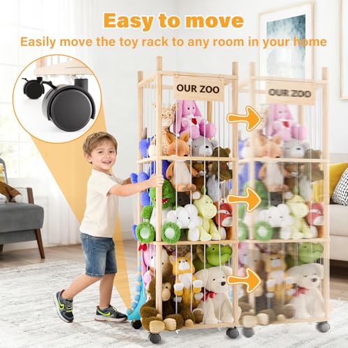 Dayacoco Stuffed Animal Storage with Brake Wheels, Wood Stuffy Animal Storage Zoo Holder Bin, Large Capacity Toy Organizer with Elastic Band and Net for Nursery Play Room Bedroom (Pine Wood 54in) - size: 3 Tiers with Wheels