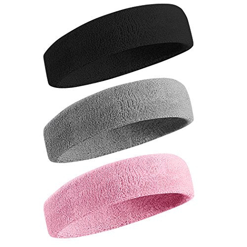 BEACE Sweatbands Sports Headband for Men & Women - Moisture Wicking Athletic Cotton Terry Cloth Sweatband for Tennis, Basketball, Running, Gym, Working Out - color: Black/Gray/Pink
