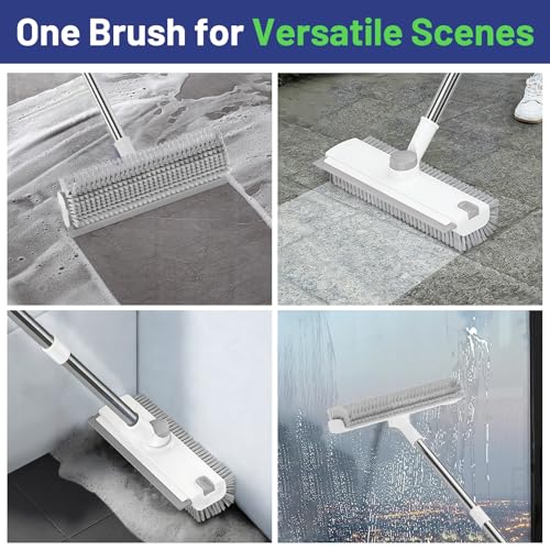 3 in 1 Floor Scrub Brush with Long Handle & Squeegee | Heavy-Duty, Adjustable, 360° Rotating Head for Cleaning Tile Bathroom Deck Kitchen Patio, White - color: White