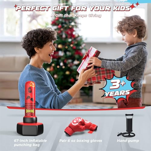 ODOSOLA 67'' Inflatable Punching Bag Freestanding for Kids Aged 3-12 – Heavy Duty Boxing Set for Karate & Taekwondo, Stable Boxing Bag Active Kids Toy, Christmas Birthday Gift for Boys and Girls - color: Red