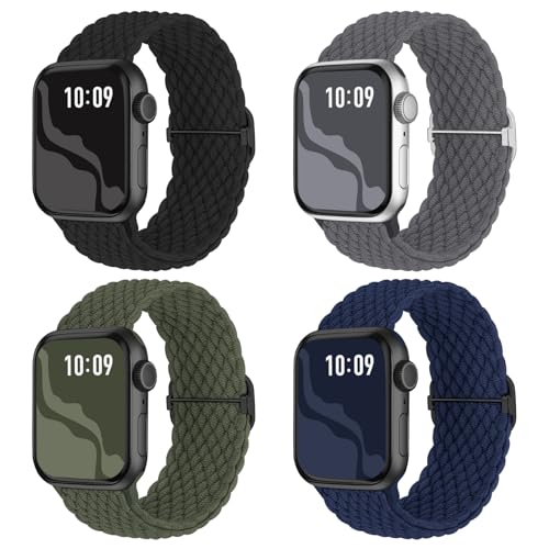 4 Pack Braided Stretchy Bands Compatible with Apple Watch 40mm 41mm 38mm 42mm 44mm 45mm 46mm 49mm Women Men, Breathable Nylon Elastic Daily Use Straps for iWatch Series 11/10 9 8 7 6 5 4 3 SE/Ultra 2 - color: Black/DeepGray/OliveGreen/AbyssBlue, size: 38m