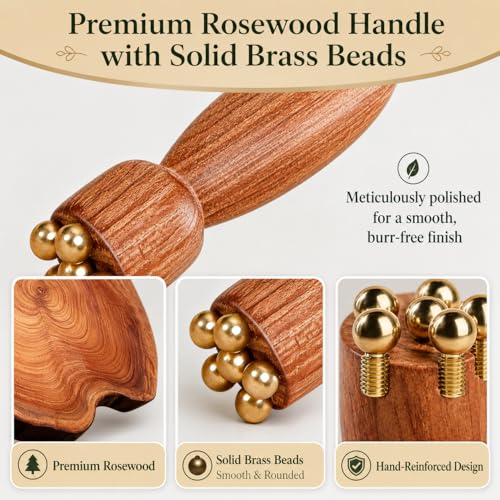 Eye Roller for Puffy-Looking Eyes, 2Pcs Facial Massage Tool with Rosewood Handle and Copper Beads, Eye Massage Stick for Face Self Care - color: Mahogany Brown