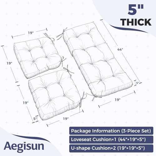 Wicker Chair Cushions of 3 Pieces, Waterproof Cushions for Patio Furniture, Tufted Wicker Outdoor Furniture Cushions, 1 Patio Loveseat Cushion and 2 U-Shaped Cushions, 44"x19"x5", Black - color: Black