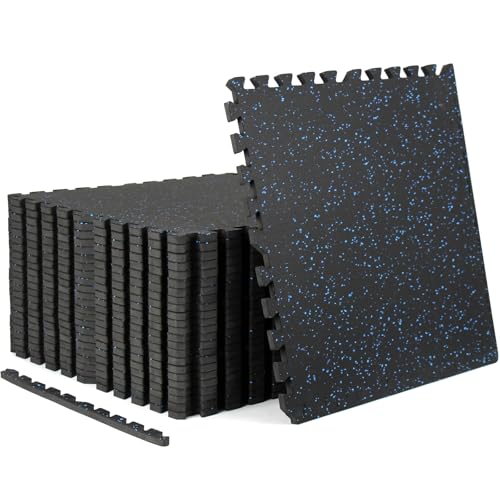 0.56" Rubber Top Gym Flooring, 24 Tiles 96 Sq Ft Heavy Duty Interlocking Gym Mats for Home Gym, Non-Slip High Density EVA Foam Workout Mat, Protect Floors from Weights, 24x24in, Black/Blue - color: Black/Blue, size: 24 Tiles (96 Sq Ft )