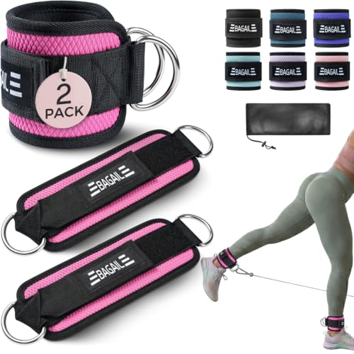 BAGAIL Ankle Straps for Cable Machines (2 Pack), Double D-Ring Ankle Cuffs with Extra Thick Padding, Adjustable Fit for Women & Men Glute Kickbacks, Hip Abductors & Leg Curls, Includes Mesh Bag - color: Pink