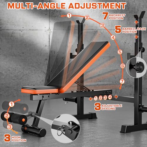 Adjustable Weight Bench with Squat Rack, 770lbs Heavy Duty Olympic Bench Press for Home Gym, Multi-Function Flat Incline Workout Bench Family Strength Training with Removable Foot Catch