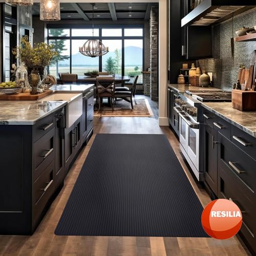 RESILIA Black Plastic Floor Runner - Embossed Wide Rib Waterproof Vinyl, Non Slip, Heavy Duty Protector Mat for Indoor Hardwood, Hard Floors, Garage, Entryway, Kitchen, & Outdoor Use, 27” x 75’ - size: 2'3" x 75' (Rectangular)
