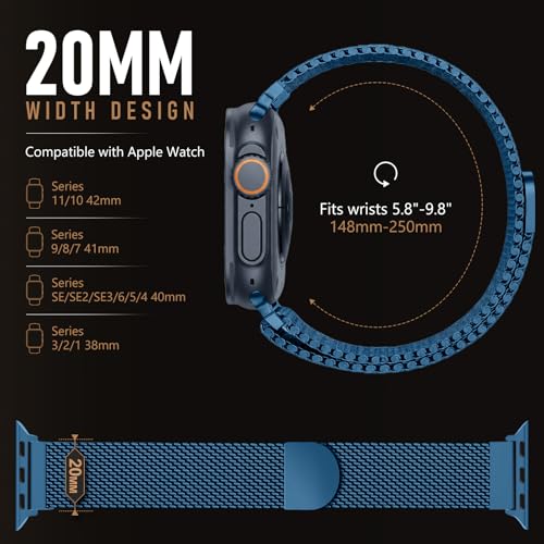 Milanese Loop Compatible with Apple Watch Band 40mm 41mm 42mm 38mm Men Women, Magnetic Buckle Strap Stainless Steel Mesh Metal Bands for iWatch Series 11 10 9 8 7 6 5 4 3 SE3/2/1 - color: 06-Midnight Blue, size: 38/40/41/42mm(s10/11)