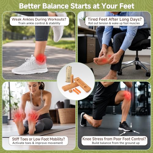 Rocalt Cork Balance Board, Foot and Ankle Strengthener Kit | 4-in-1 set with roller, ball, toe bands and guide, 12 x 4 x 4 in cork build, for runners, yoga and mobility