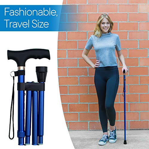 RMS Folding Cane - Foldable Walking Cane with Adjustable Height - Collapsible and Lightweight - Soft Ergonomic Handle for Comfortable Grip - Portable Walking Stick for Mobility Aid - color: Blue
