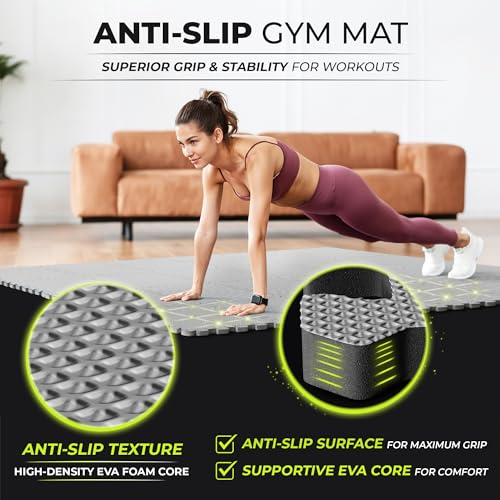 bemaxx Gym Mats Set - 18 pcs EVA Interlocking Foam Floor Tiles (12.6"x12.6"x0.4") 18sqft Protective Gym Flooring Sports Home Workout Exercise Mats Puzzle Garage Fitness Play-Room Pool Treadmill Bike - color: Anthracite-grey | 2-side Antislipx, size: 18 Ti